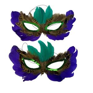 Purple/ Green 2 Feather Masquerade Ball Mardi Gras Halloween‎ Mask Costume A18G